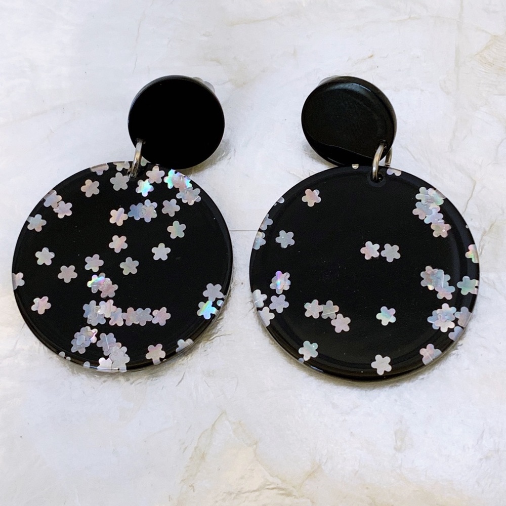 Black Acrylic White Iridescent Earrings